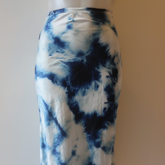 NWT Womens Lioness Off-White Blue Tie Dye Satin Midi Skirt Size S * - Picture 6 of 13